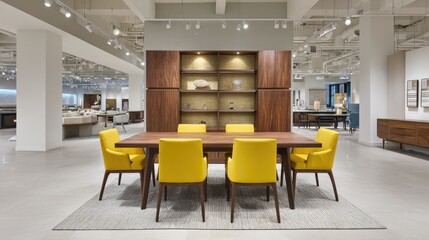 Obraz premium Modern dining room setting with yellow chairs and wooden table in stylish showroom showcasing contemporary furniture designs and elegant home decor options