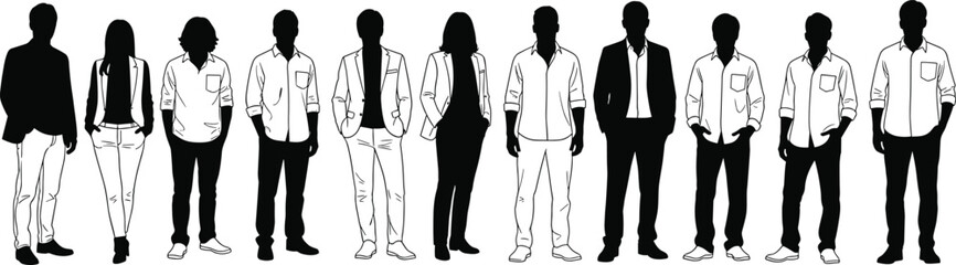Collection of Flat Vector People Illustrations and Professional Black Silhouettes of Men and Women Standing and Sitting Isolated on White Background for Architectural Rendering