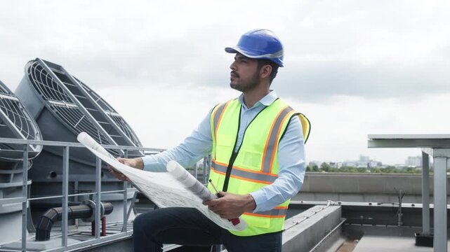 Two construction engineers in safety gear examine industrial HVAC units on rooftop, pointing and discussing project progress and setup.
