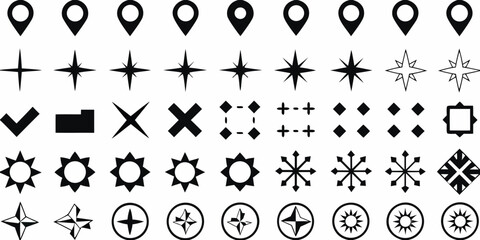 Collection of various black icons and symbols on a white background