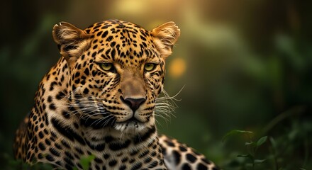 Obraz premium Majestic Leopard Resting in Lush Forest with Golden Sunlight