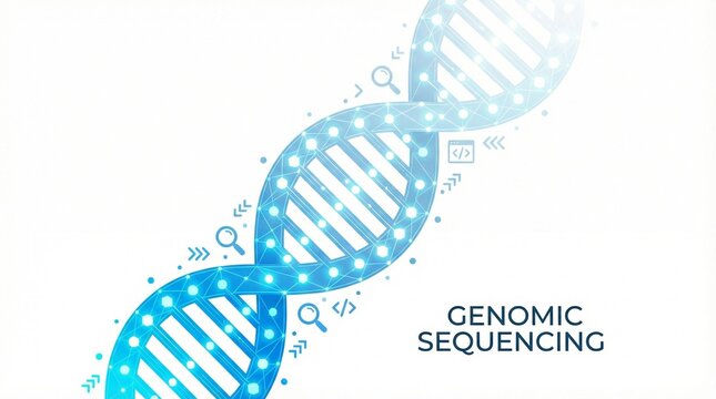 Genomic sequencing illustration with a glowing blue DNA helix structure and scientific icons on a clean white background.