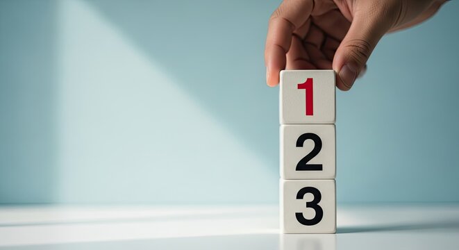 Hand stacking numbered blocks in sequence