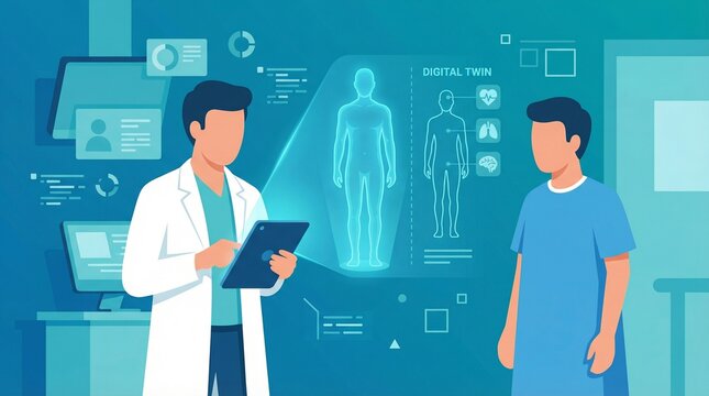 A doctor in a white coat examines a patient's holographic digital twin with medical data on a teal background, illustrating health technology.