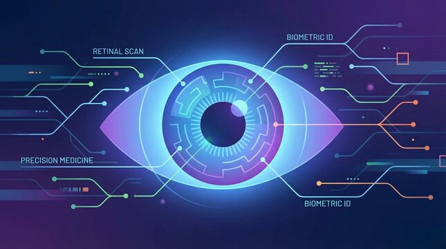 Digital eye illustration with glowing blue iris and circuit board elements for biometric identification and retinal scanning technology.