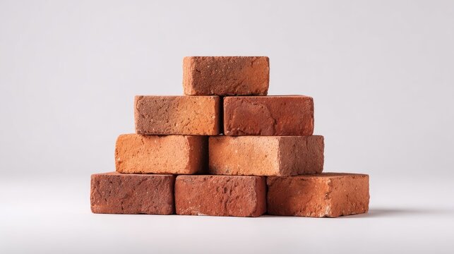 Stack of rustic red bricks arranged in a pyramid shape on a neutral backdrop showcasing texture and color variation for construction or design use