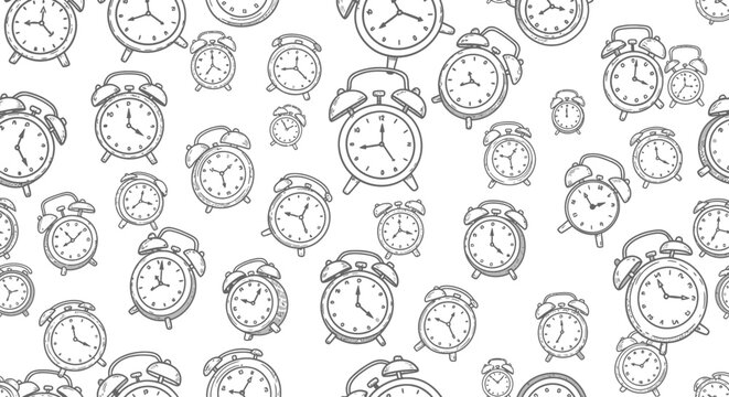 Seamless pattern of vintage alarm clocks in a doodle sketch style
