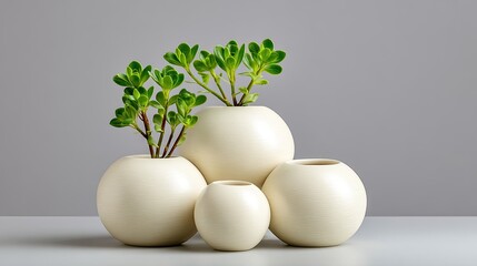 Elegant Arrangement of Decorative White Pots with Green Succulent Plants on a Modern Minimalist Tabletop Display