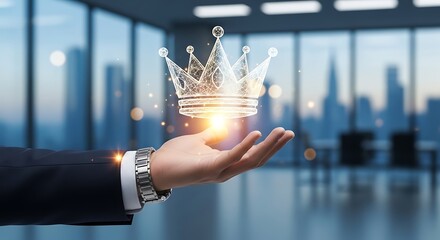 A hand presenting a glowing golden crown against a blurred modern office backdrop
