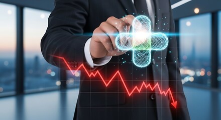 Businessman interacting with a digital plus sign overlaying a declining stock chart