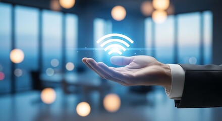 A hand presenting a glowing wifi symbol in a modern blurred office setting