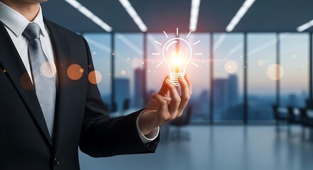 Businessman interacting with a glowing lightbulb representing innovation and new ideas high-quality