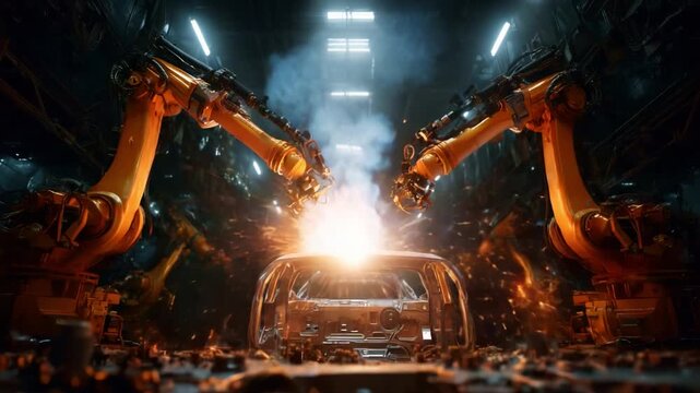 Automated robotic arms engaged in precision manufacturing within a high-tech industrial setting, creating sparks and smoke as they work on an automotive frame.