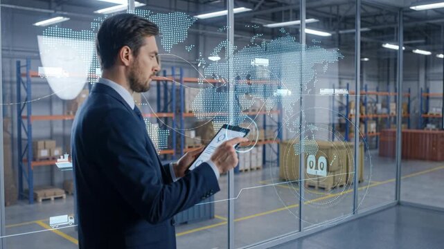 Logistic manager using tablet warehouse with digital map supply chain icons cargo tracking inventory visibility analyzing dashboard for global