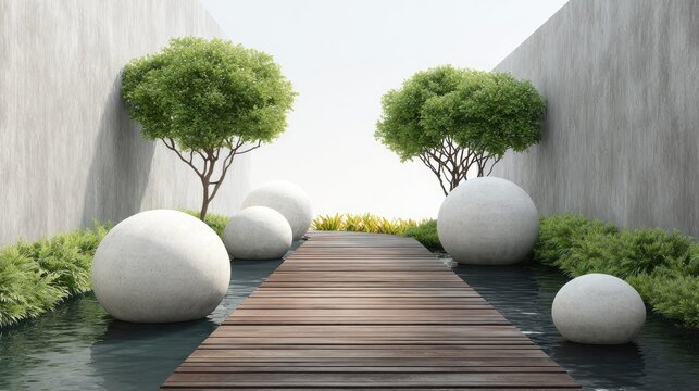 Tranquil Zen garden with round stone sculptures and lush greenery beside wooden pathway under bright daylight for relaxation and meditation purposes