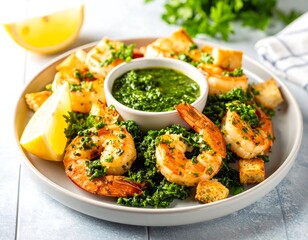 A vibrant dish of grilled prawns, croutons, and green herb dressing. Lemon wedges add a fresh citrus note