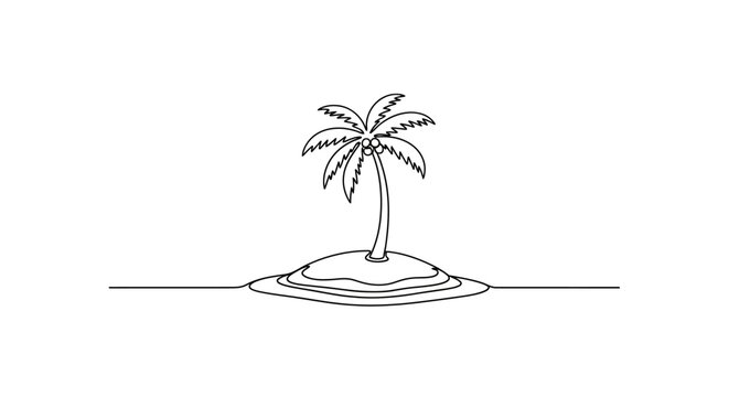 Palm Tree on Small Island in Ocean, Simple Line Art