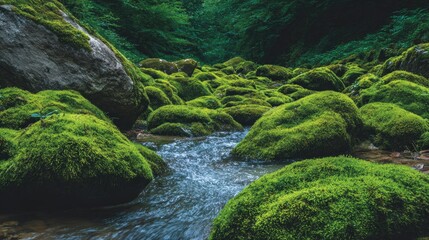 Tranquil Stream Flowing Through Lush Green Moss-Covered Rocks in a Vibrant Forest Landscape Captured on a Serene Day in Nature's Splendor