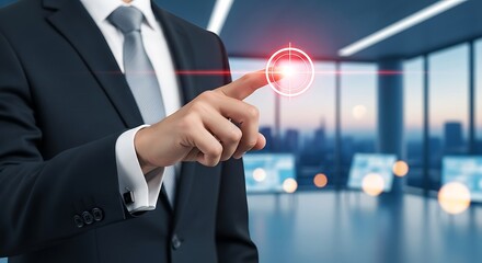 A businessman interacts with a glowing digital interface using a touch gesture