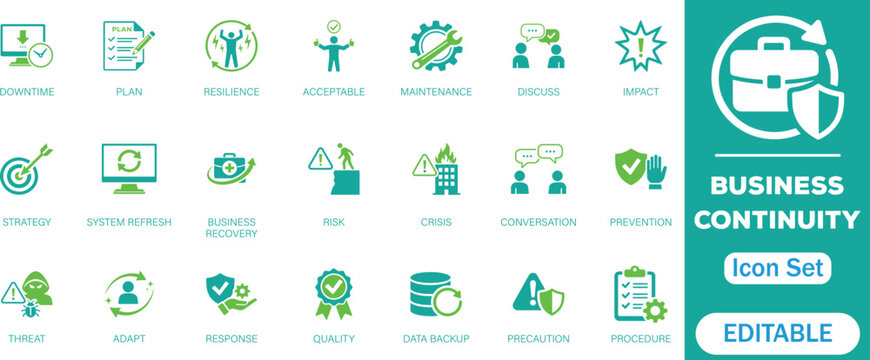  Business continuity icon set. featuring risk management, crisis response, disaster recovery, resilience, prevention, data backup, maintenance, operational planning and more icons.

