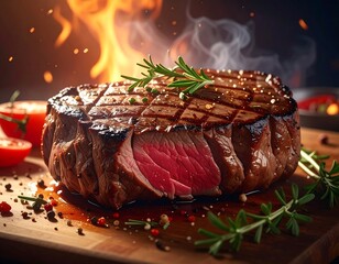 Delicious grilled beef steak, rosemary garnish, tomatoes, on a wooden board