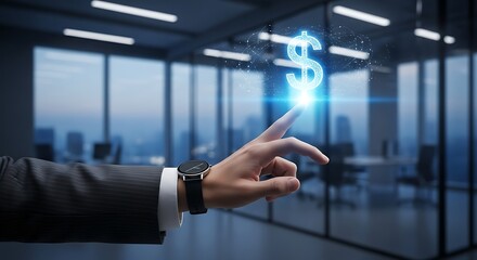 A person touches a glowing dollar sign projected onto a glass surface in an office