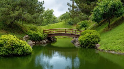 Fototapeta premium Serene Japanese Garden with Wooden Bridge Over Calm Water Surrounded by Lush Greenery and Tranquil Atmosphere for Relaxation and Nature Appreciation