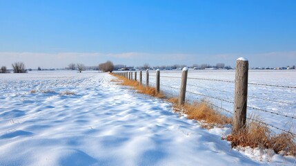 Serene Winter Landscape with Barbed Wire Fence, Snow-Covered Fields, and Clear Blue Skies Representing a Tranquil Rural Scene in Winter