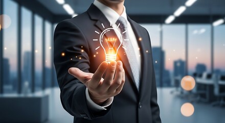 Businessman presenting a glowing lightbulb symbolizing innovation and bright ideas in a modern office
