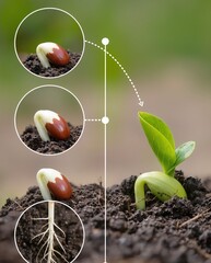 Seed germination process: a small sprout emerging from the soil, representing the beginning of plant life