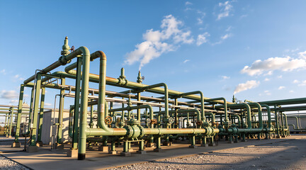 Naklejka premium Industrial pipeline system with green pipes and valves. Chemical plant or refinery exterior with steam rising against blue sky. Energy industry concept