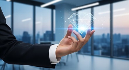 A person interacting with a glowing geometric diamond shape projected in a modern office