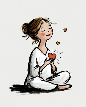 Heartfelt Serenity: An illustration of a woman in peaceful meditation, holding a heart symbol, radiating a feeling of inner peace and love.