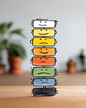 Emotional Spectrum: A conceptual representation of emotions unfolds through a stack of colorful rectangles, each adorned with a distinct facial expression and hue.