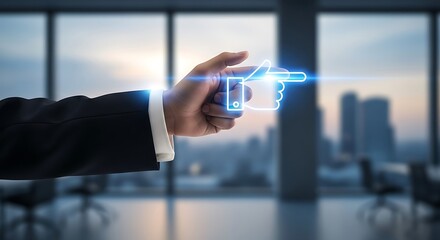 A hand interacts with a glowing digital interface resembling a credit card