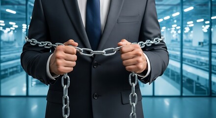 A businessman breaking silver chains symbolizing freedom from restrictions and corporate limitations