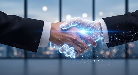 A human hand shaking a digital glowing hand representing technological partnership and future collaboration