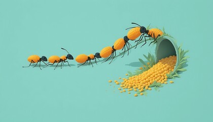 Obraz premium Ants Moving Food Pieces In A Long Row Concept Of Working Together Nature Art
