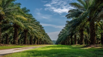 Obraz premium Rural Dirt Path Bordered by Tall Green Trees Under a Partially Cloudy Blue Sky During Daylight Hours Agricultural Landscape