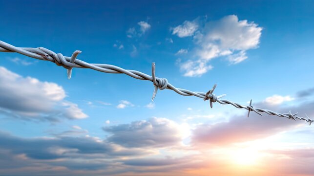 Barbed wire fence against a dramatic sky at sunset, highlighting the contrast between nature and man-made structures in a serene landscape