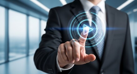 Business professional interacting with a futuristic holographic play button interface high-quality detailed