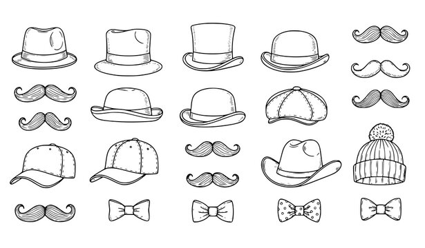 Mens hat mustache and bow tie doodle set with gentleman fashion accessory icons vector illustration