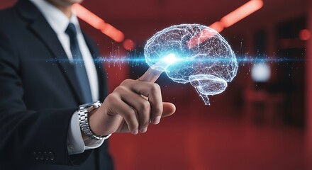 A businessman interacts with a glowing digital representation of the human brain