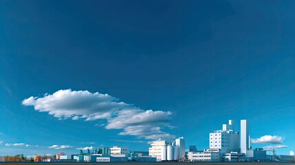 Industrial landscape with bright blue sky and fluffy clouds reflecting modern architecture of factories and buildings in a serene environment