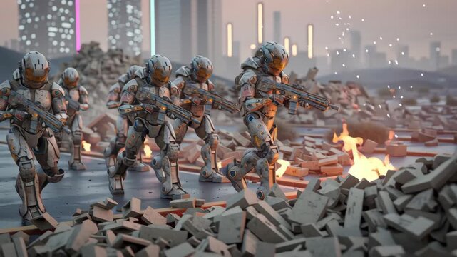 Robot soldier in futuristic armor with rifle moves through rubble city streets, digital warfare patrol at dusk, helmeted trooper aiming over skyline amid smoke, fire, urban battle advance