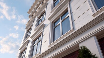 Detailed low angle view of a modern white building facade with ornate moldings and clear against a bright blue sky