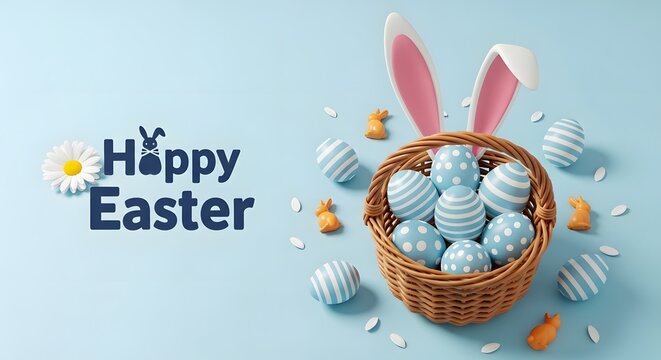 Easter basket with blue eggs and bunny ears on light blue background