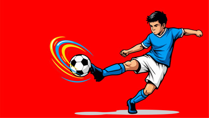 Dynamic Cartoon Illustration of Young Soccer Player Kicking Ball on Bright Red Background