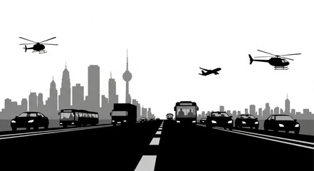 Cityscape with traffic and helicopters flying overhead. © Ewing