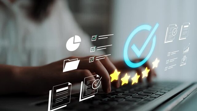Hands Typing on Laptop with Digital Checkmarks and Icons Representing Success and Project Management in Modern Workspace Gluon.